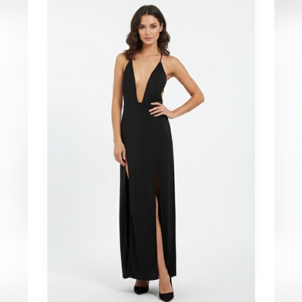 Forever 21 Y2K Black Maxi Dress Open Back High Slit Party Bodycon Vamp Halter M